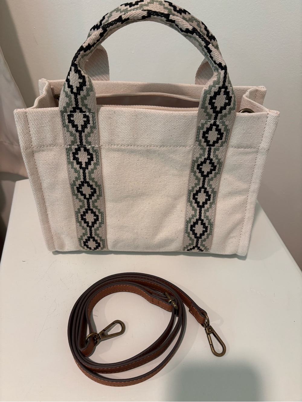 Canvas Tote Bag with Patterned Straps - Ivory - Picture 5 of 7